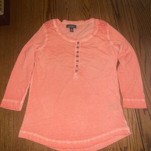 Lauren Ralph Lauren Shirt Women Coral Button Henley Crochet 3/4 Sleeve Top XS